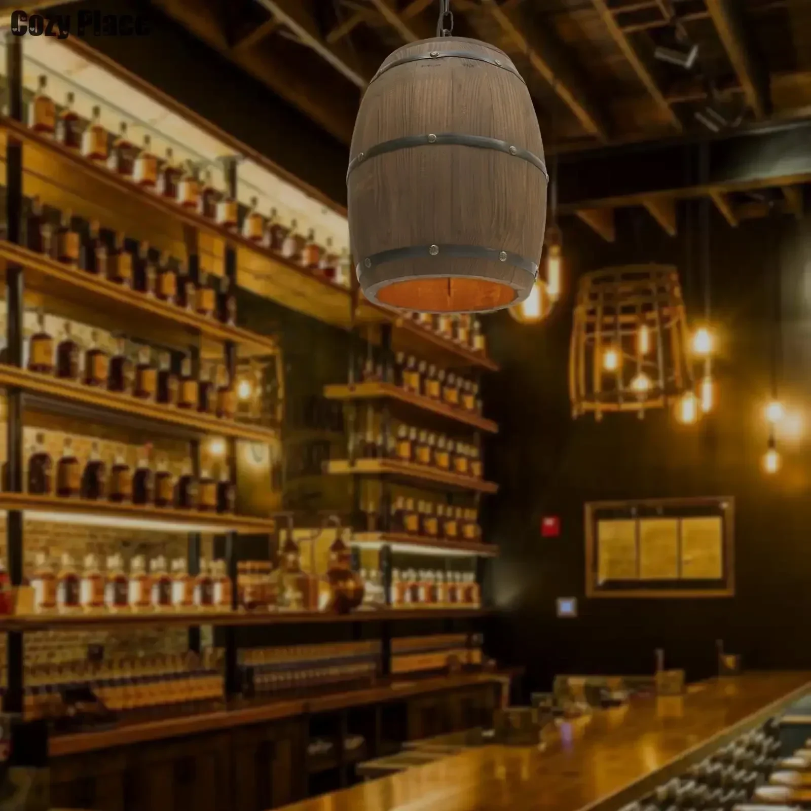 Wine & Beer Shop - Винтажная люстра в деревенском стиле, деревянный